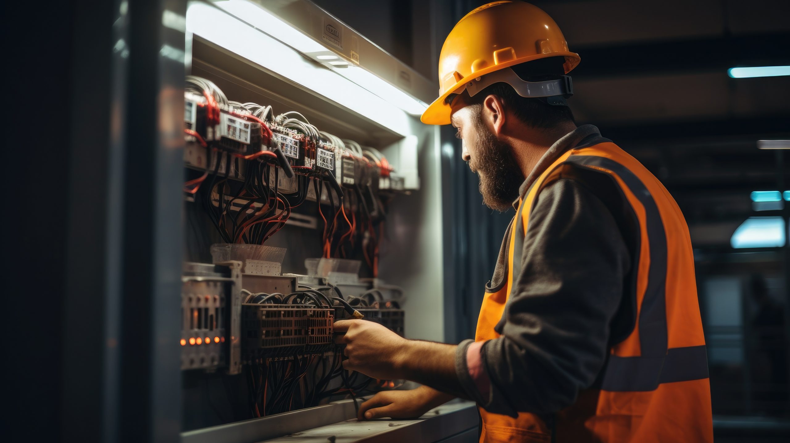 Portrait of a male electrician with a yellow helmet working in a power plant.