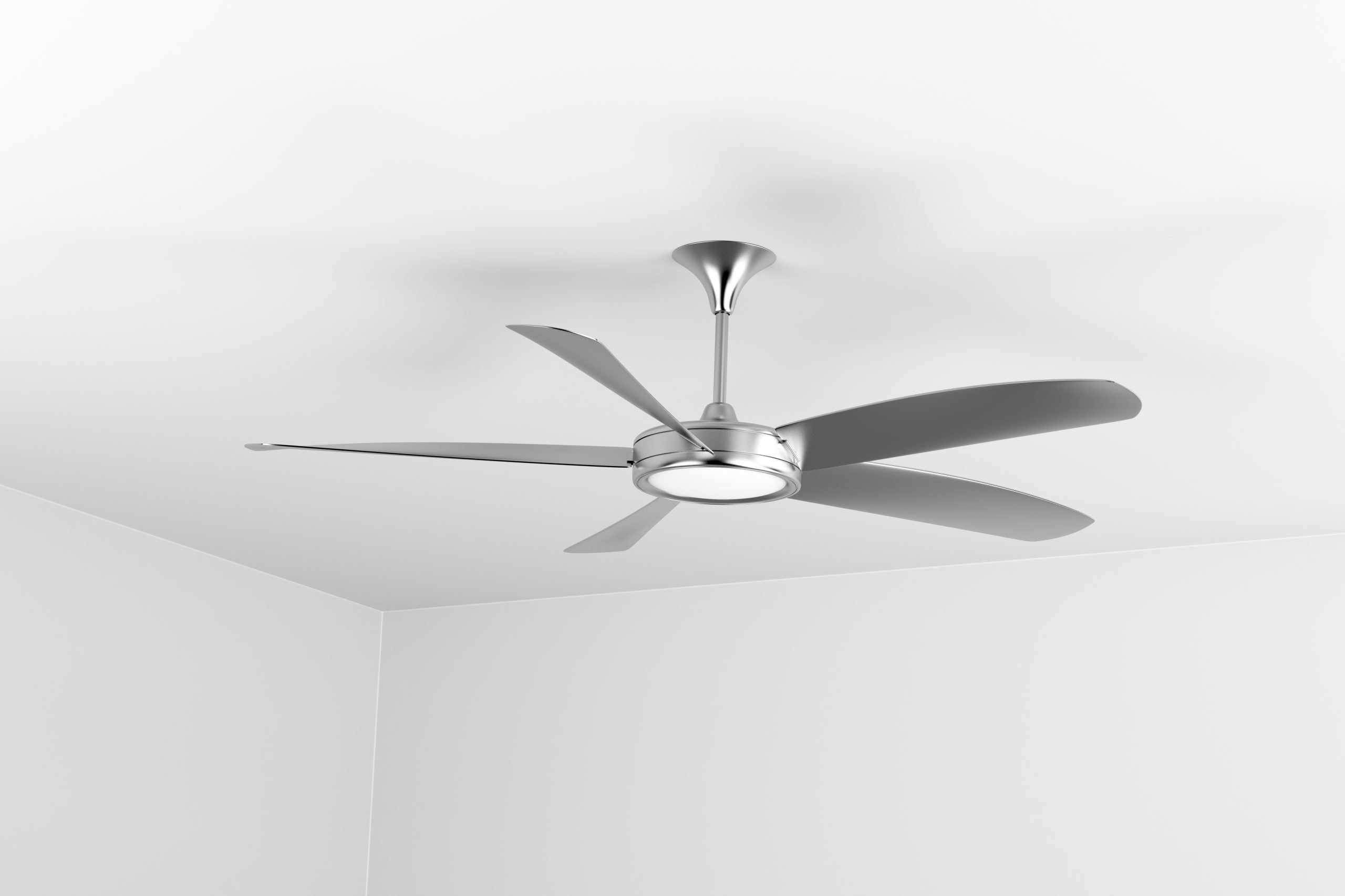 Silver ceiling fan with five blades