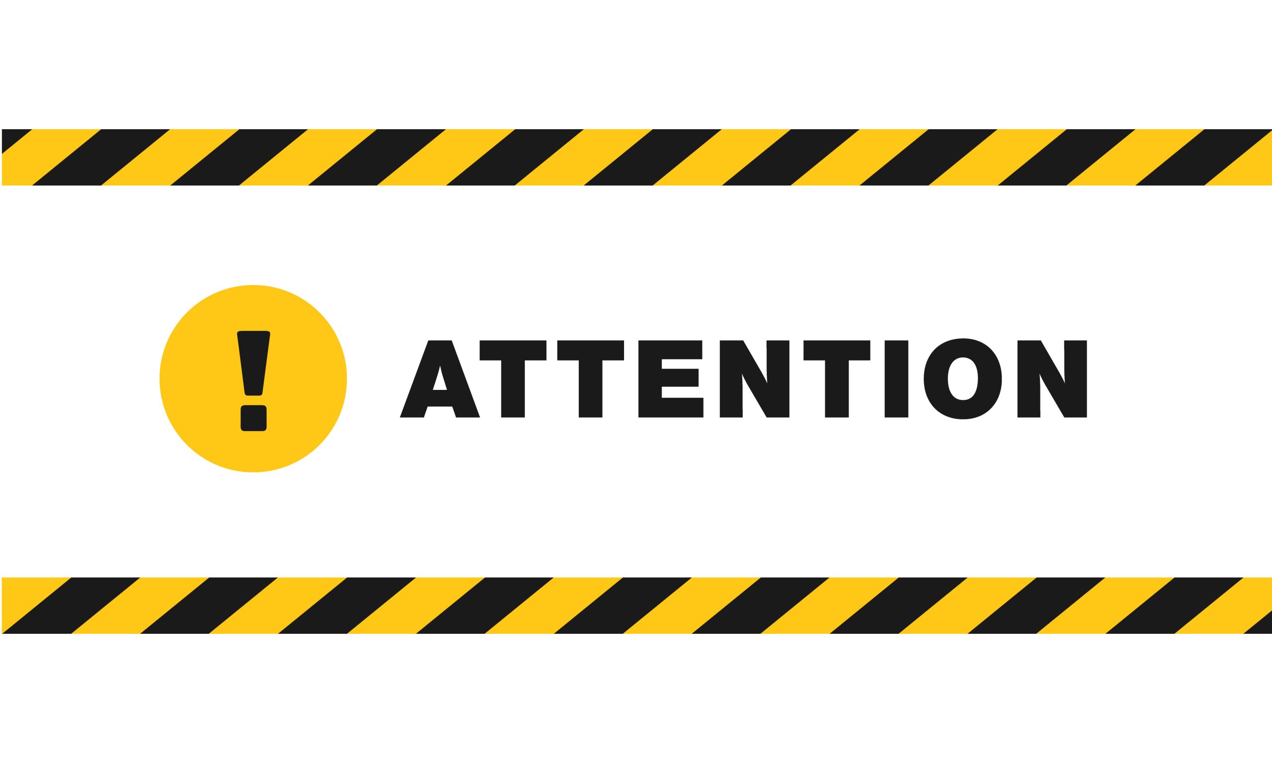 Attention sign between black and yellow striped ribbons isolated on white background. Yellow circle with exclamation point and text "attention". Design with attention icon for banner or signboard.