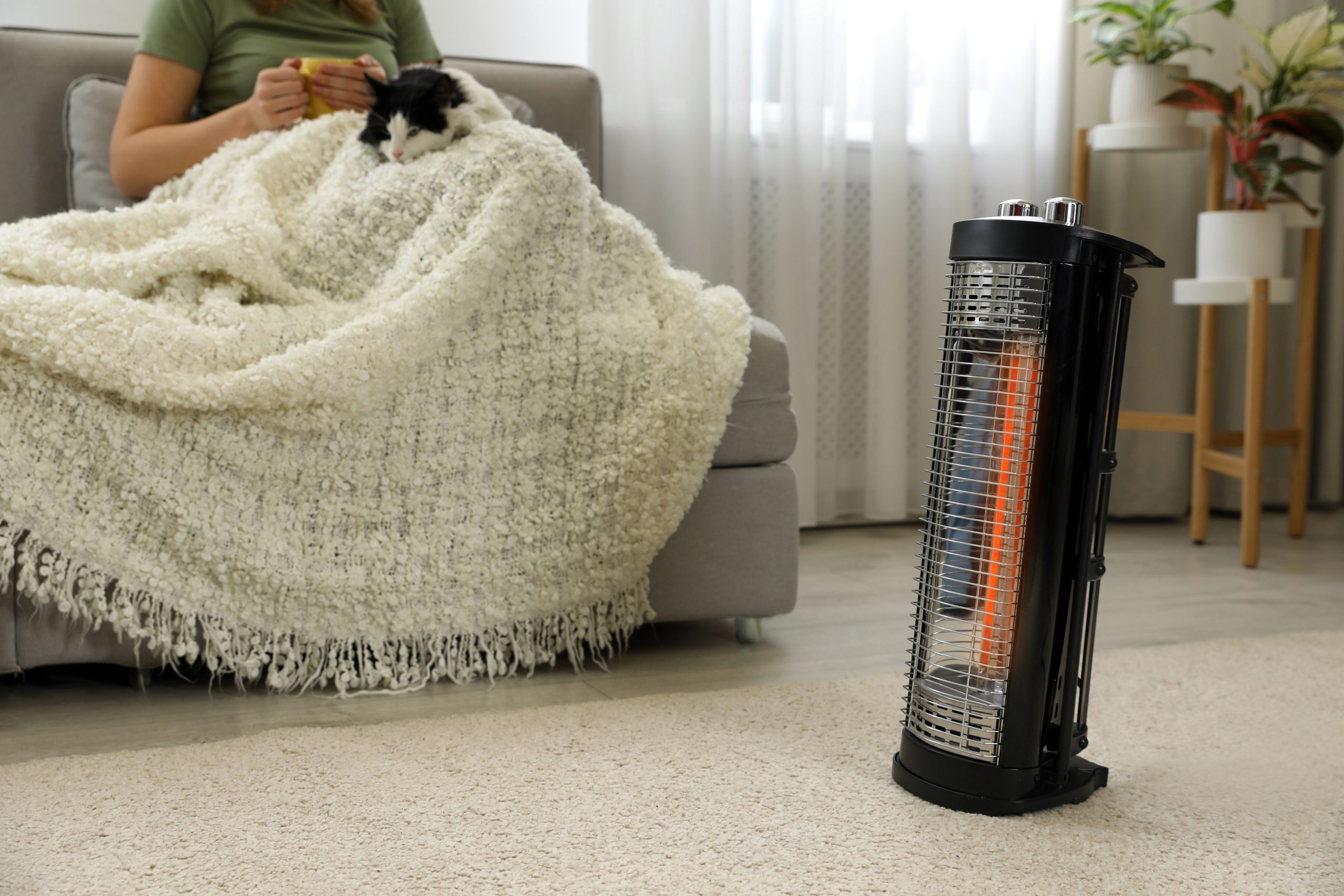 Woman with cat at home, focus on electric halogen heater, closeup