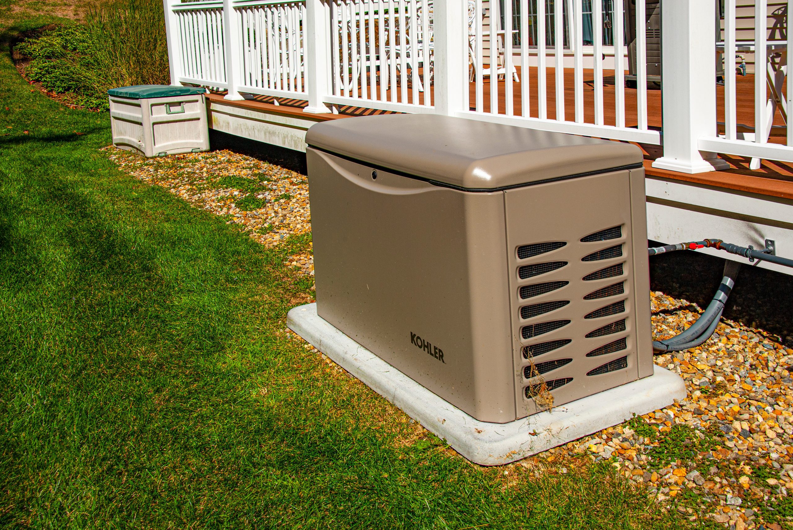 Newbury, USA - September 29, 2022: Residential standby generator on concrete pad